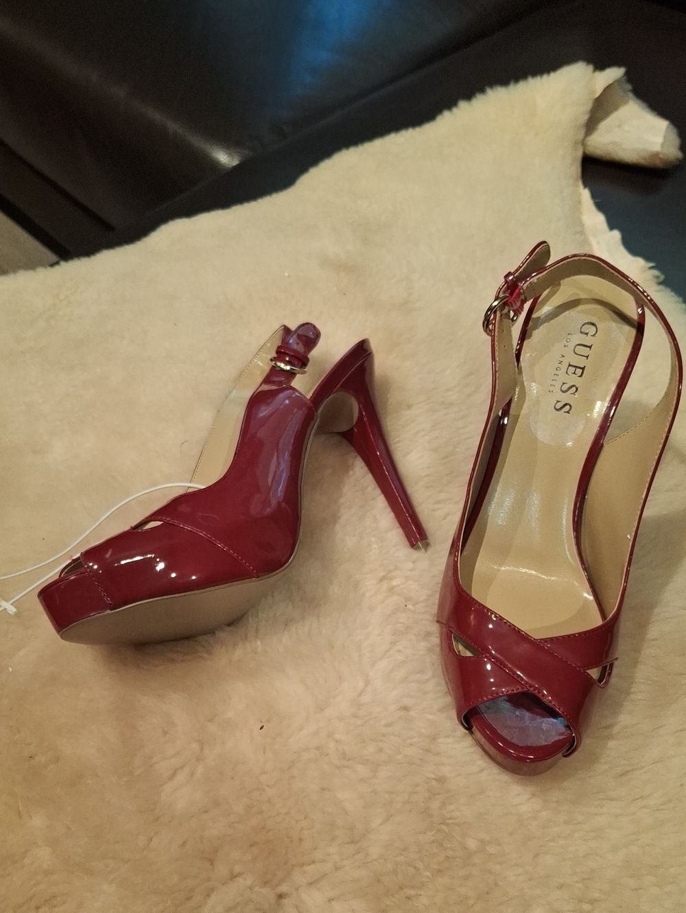 GUESS Red Patent Peep-Toe Platform Slingback Heels